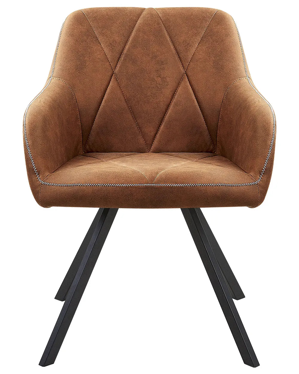 Contemporary dining chair upholstered in warm cognac-brown faux leather, featuring diamond-stitched detailing, supportive armrests, and black metal spider legs for a modern industrial look.