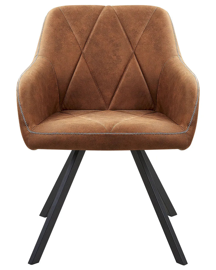Contemporary dining chair upholstered in warm cognac-brown faux leather, featuring diamond-stitched detailing, supportive armrests, and black metal spider legs for a modern industrial look.