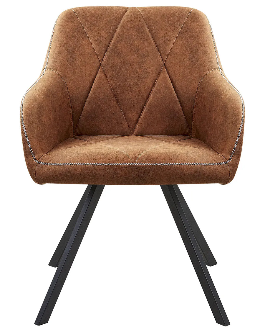 Contemporary dining chair upholstered in warm cognac-brown faux leather, featuring diamond-stitched detailing, supportive armrests, and black metal spider legs for a modern industrial look.
