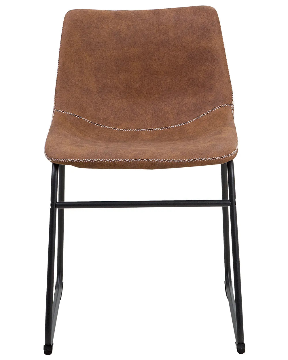 Industrial-style dining chair with brown faux leather upholstery, decorative stitching, and a sleek black sled base for a modern loft-inspired look.