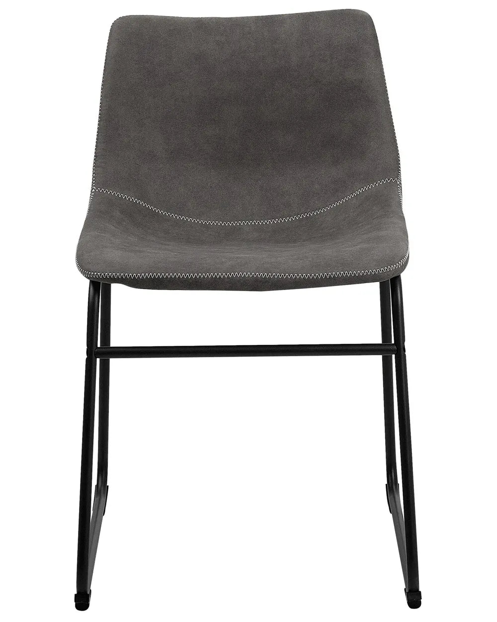 Industrial dining chair upholstered in grey faux leather with decorative stitching and a sturdy black sled base, combining comfort with modern style.