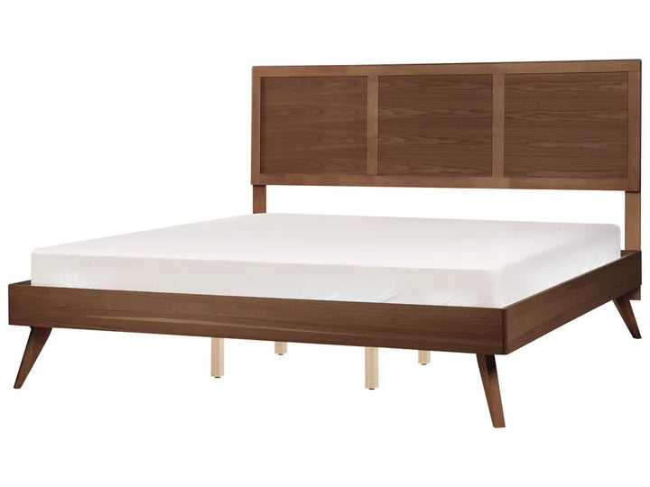 Super king-size bed frame made of dark ash wood, featuring a wooden headboard and a white mattress, displayed on a white background.