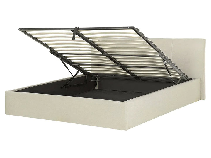 Beige bed frame with an open storage compartment