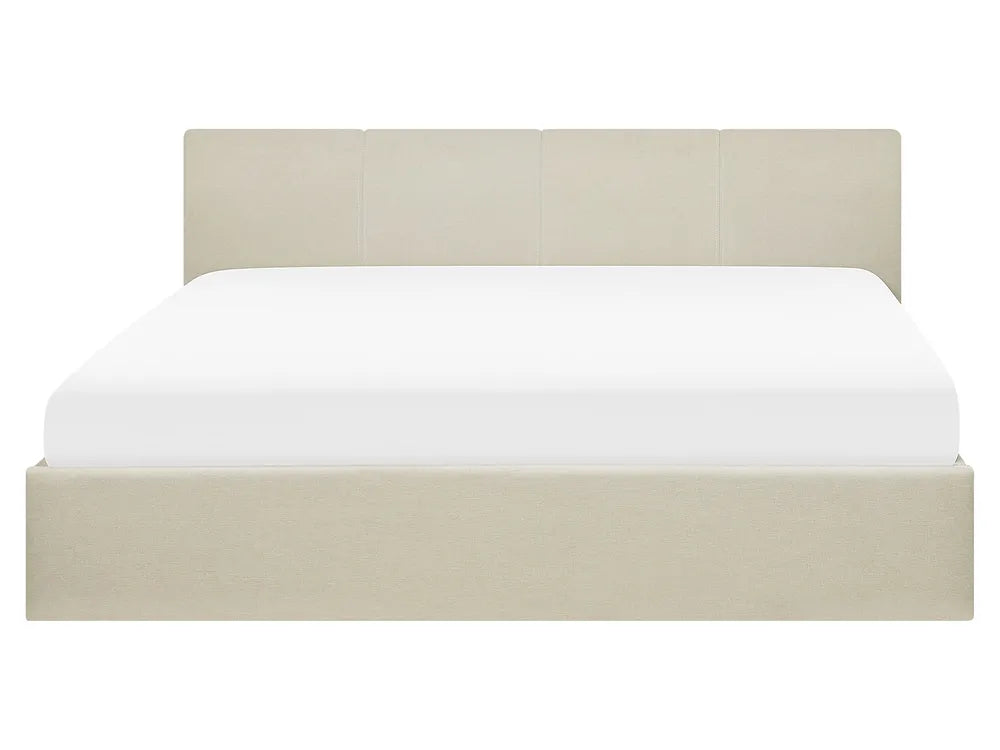 Beige bed frame with white mattress 