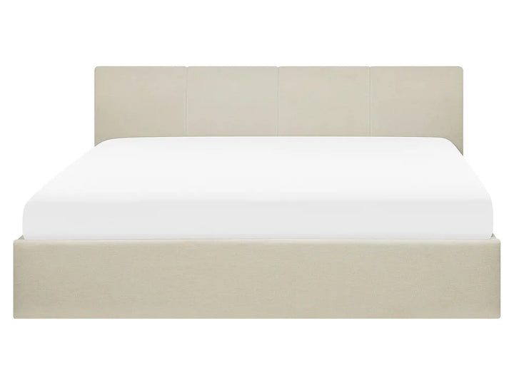 Beige bed frame with white mattress 