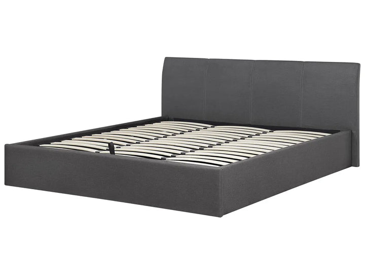 Grey upholstered bed frame on a white background