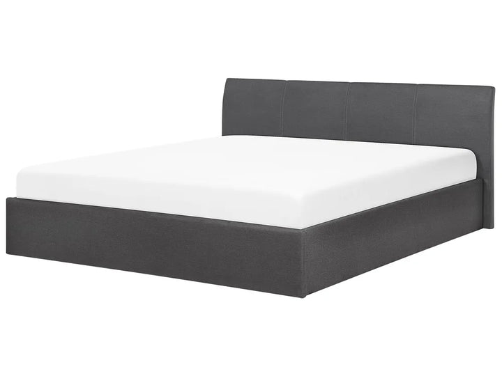 Grey bed frame with white mattress 