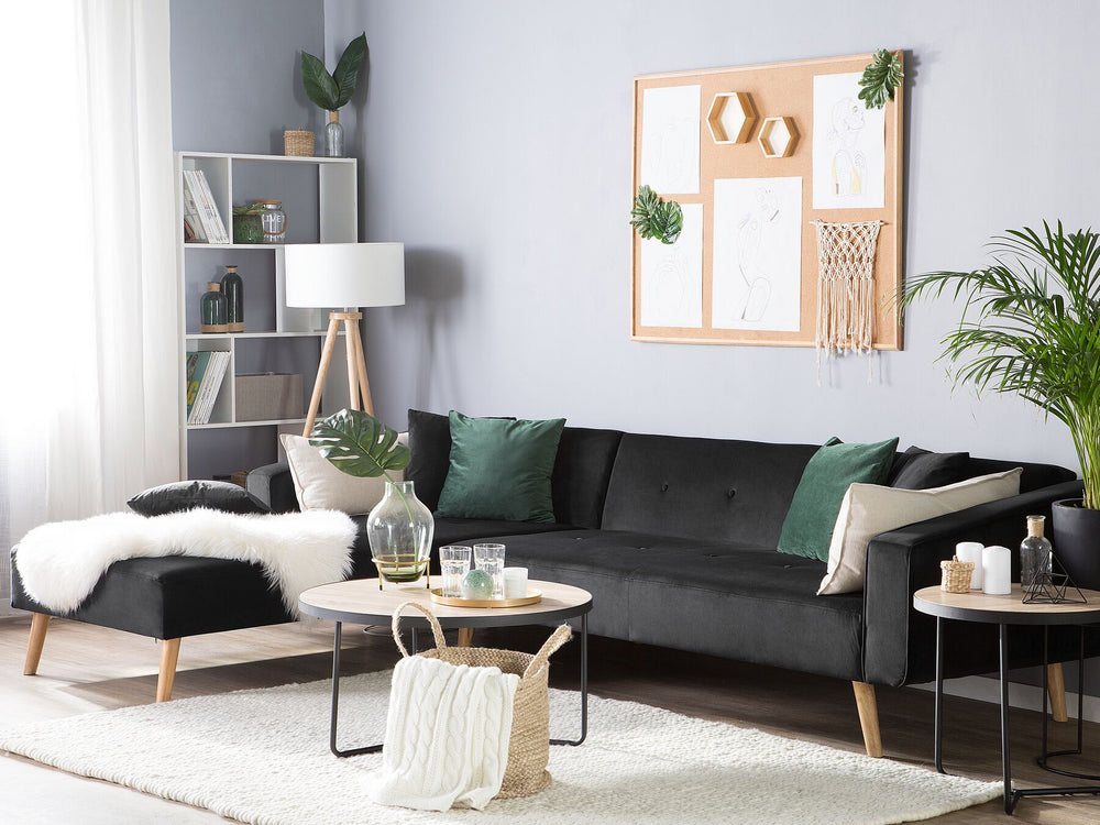 Vadso Right Hand Velvet Corner Sofa Bed Black