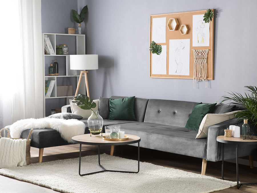 Vadso Right Hand Velvet Corner Sofa Bed Grey 