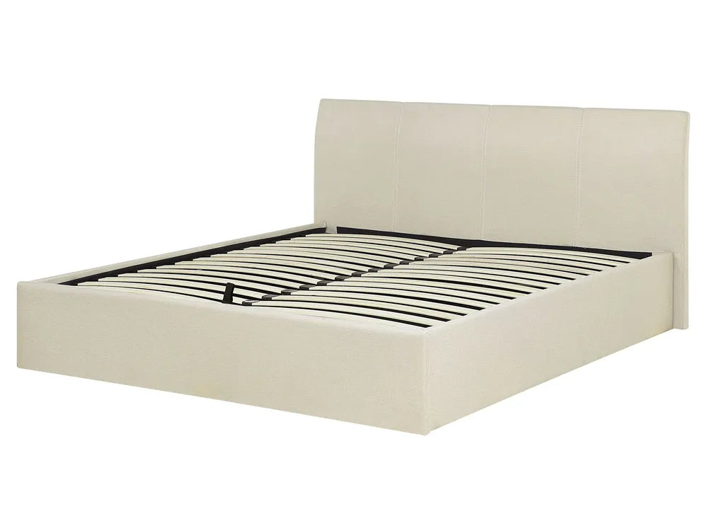 Beige bed frame with black metal bars 