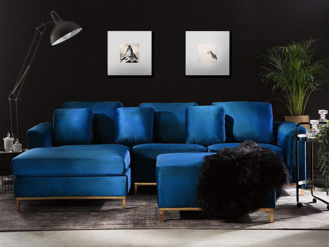 Oslo Right Hand Velvet Corner Sofa with Ottoman Navy Blue