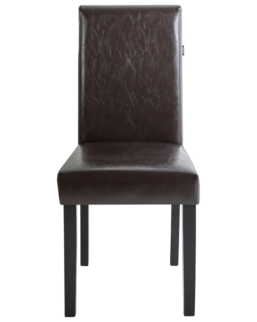 Dark brown faux leather dining chair with a padded seat, high backrest, and black wooden legs.