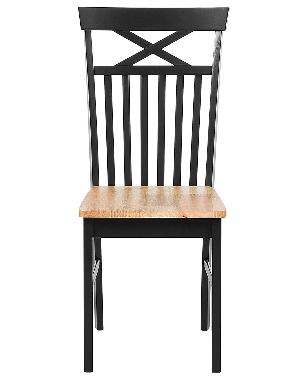 Classic two-tone dining chair with a black wooden frame, natural wood seat, and decorative cross-back detail, combining timeless farmhouse charm with clean vertical slats for sturdy support.