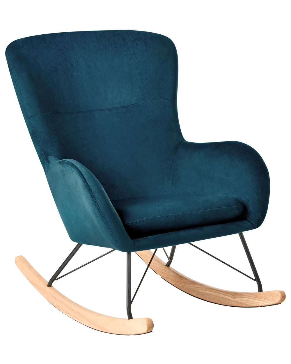 Blue rocking chair with wooden base on a white background