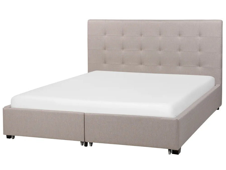 Beige upholstered bed with white mattress 