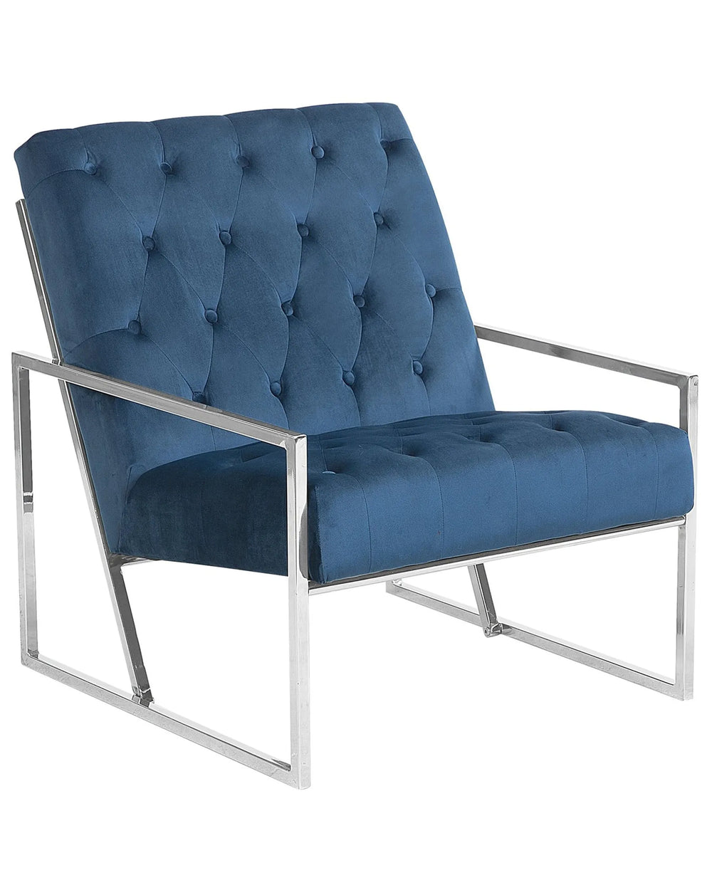 Blue upholstered chair with metal frame on a white background