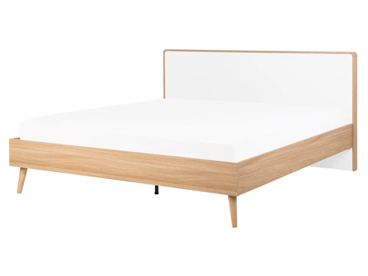 Light brown modern wooden bed frame with white background.