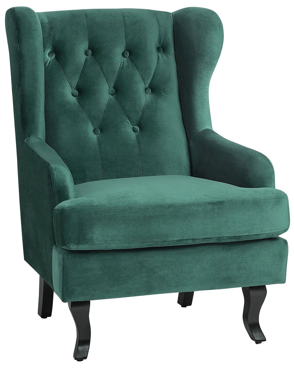 Green velvet armchair with buttoned backrest on a white background