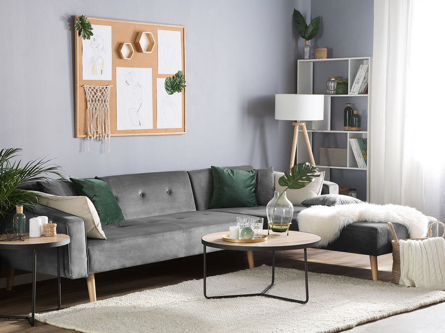 Vadso Left Hand Velvet Corner Sofa Bed Grey