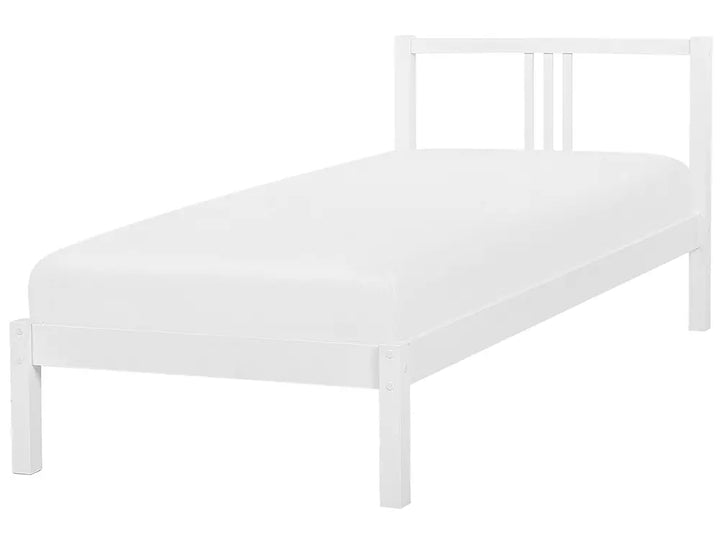 White pine wood bed frame with white background.
