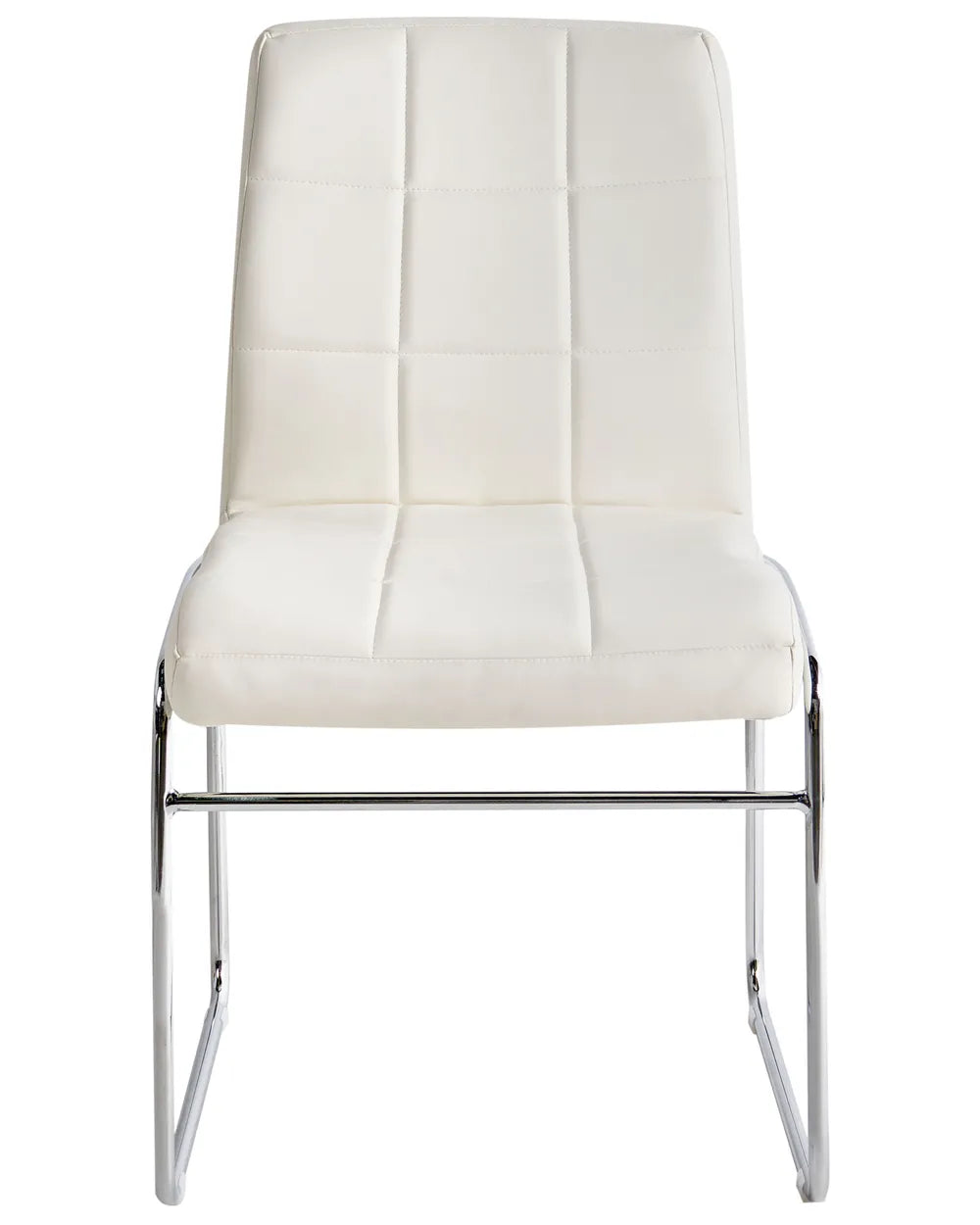 White faux leather dining chair with a quilted backrest, padded seat, and polished chrome cantilever frame, photographed on a white background.