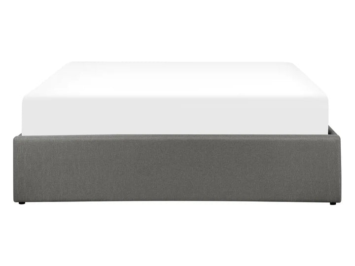 Grey bed frame with a white mattress