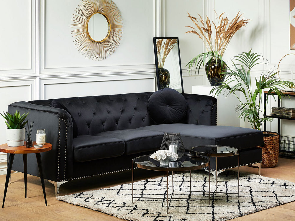 Flen Left Hand Velvet Corner Sofa Black