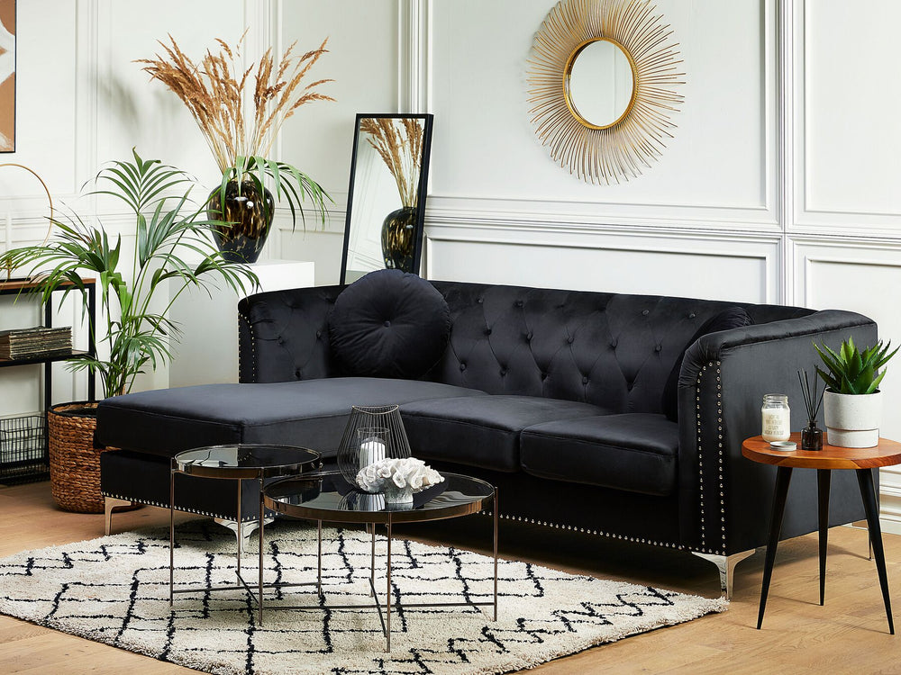 Flen Right Hand Velvet Corner Sofa Black