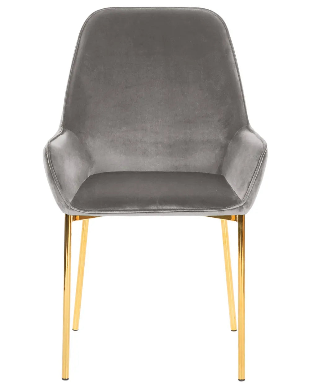 Modern dining chair upholstered in soft grey velvet with integrated armrests and sleek gold-finished metal legs, combining contemporary elegance with comfortable seating.