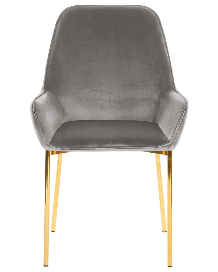 Modern dining chair upholstered in soft grey velvet with integrated armrests and sleek gold-finished metal legs, combining contemporary elegance with comfortable seating.