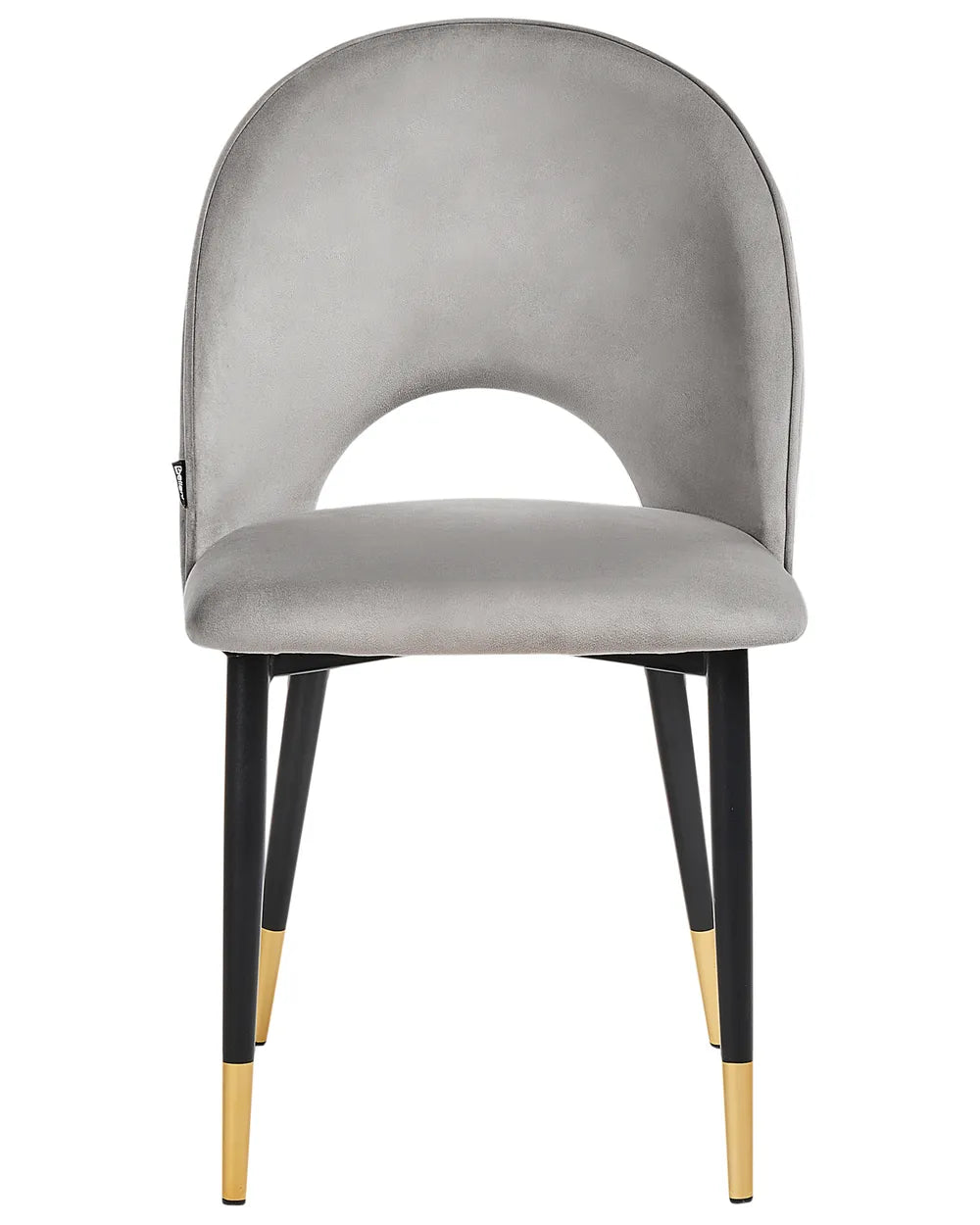 Light grey velvet dining chair featuring a curved open-back silhouette, plush padded seat, and sleek black metal legs with elegant gold-tipped accents.
