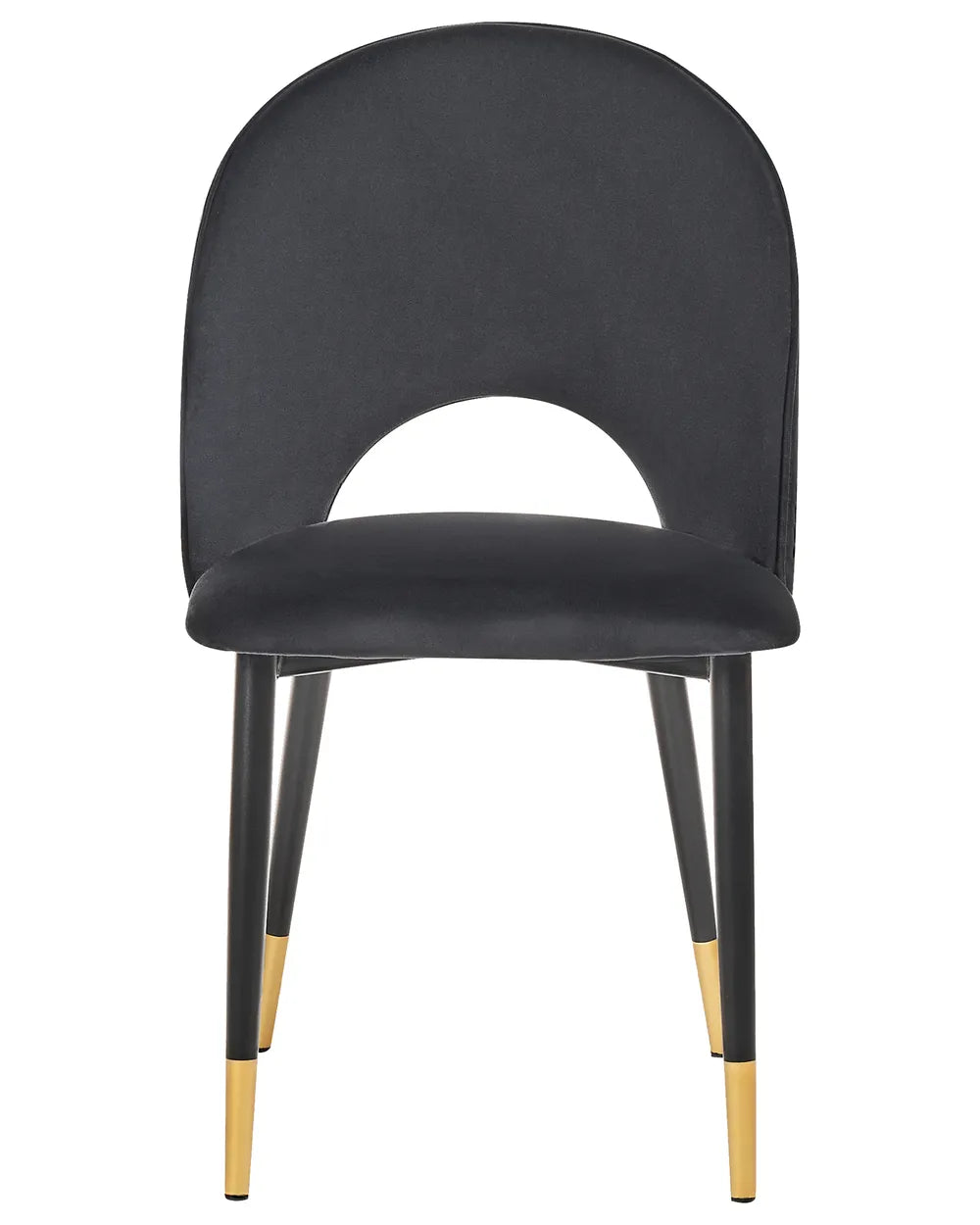 Black velvet dining chair with a distinctive curved backrest, cushioned seat, and black legs finished with elegant gold accents.