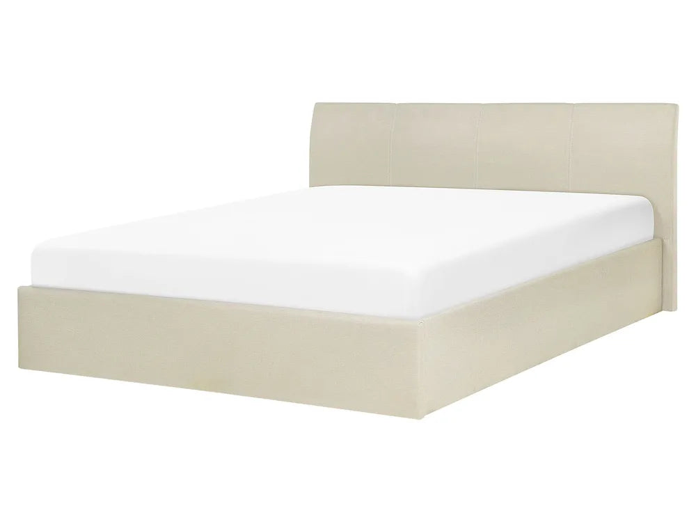 Beige bed frame with white mattress 