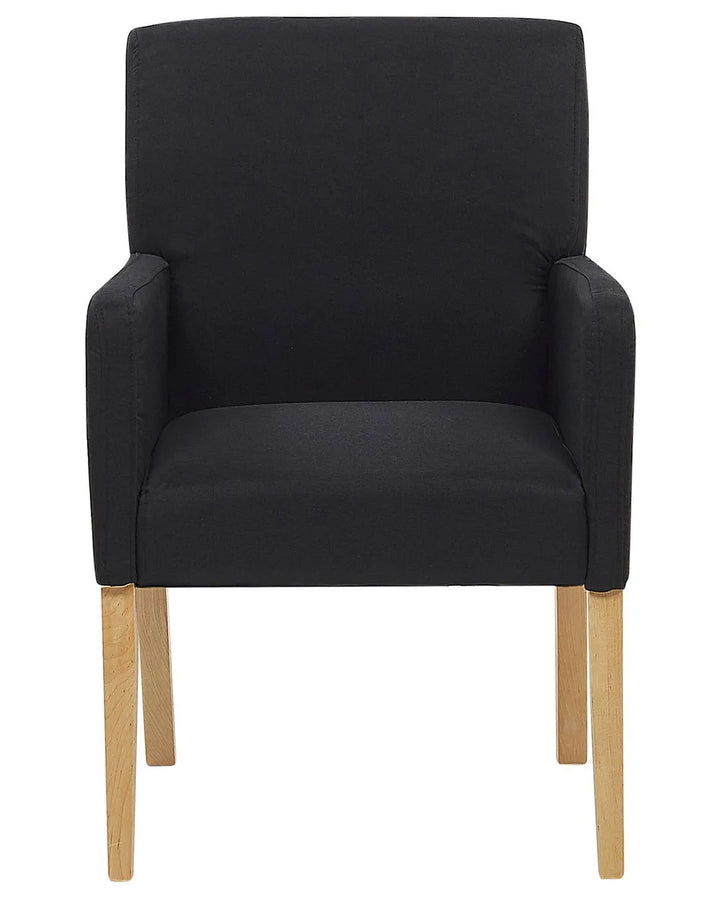 Black upholstered dining chair with padded armrests, a supportive high backrest, and natural wood legs for a timeless look.