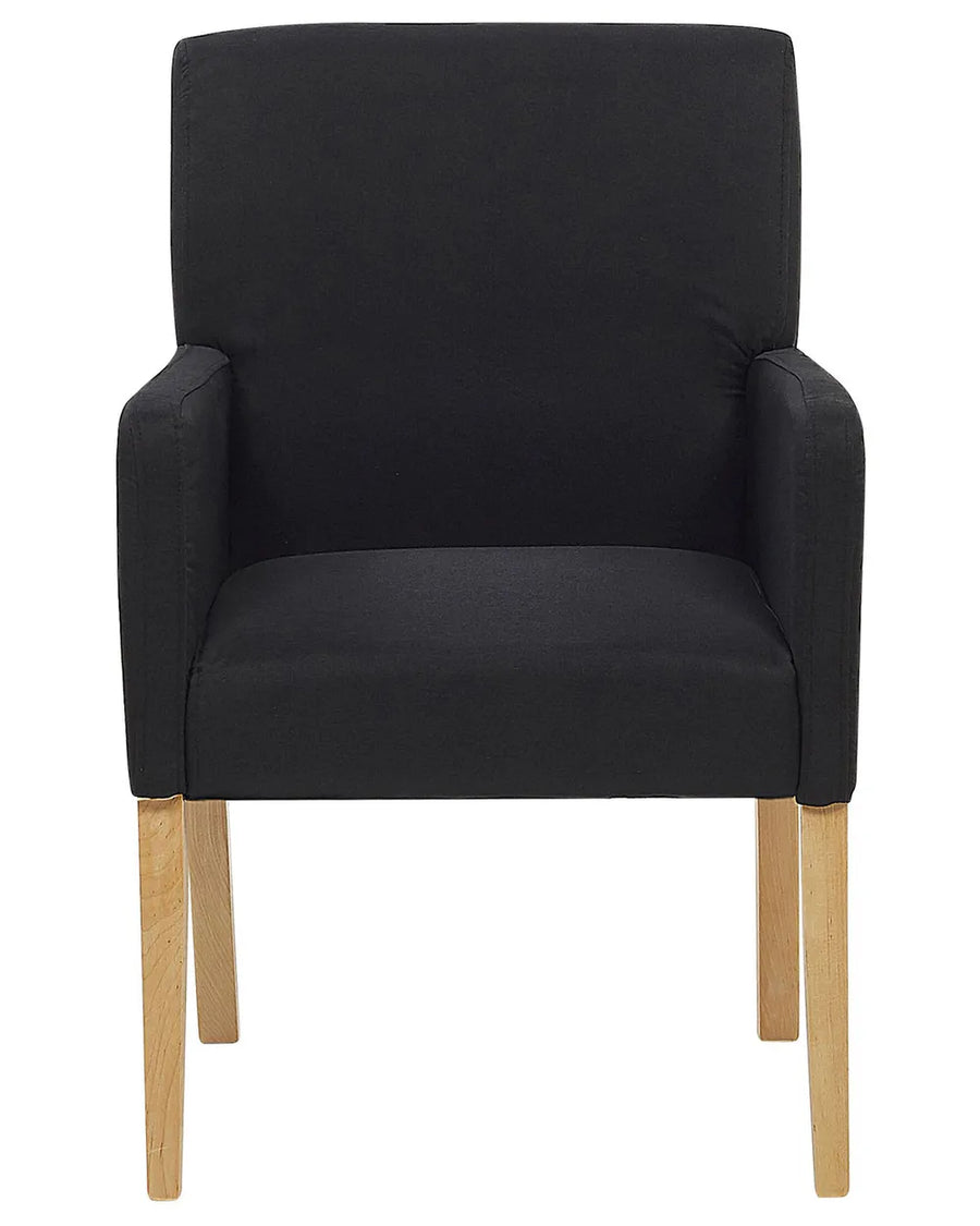 Black upholstered dining chair with padded armrests, a supportive high backrest, and natural wood legs for a timeless look.