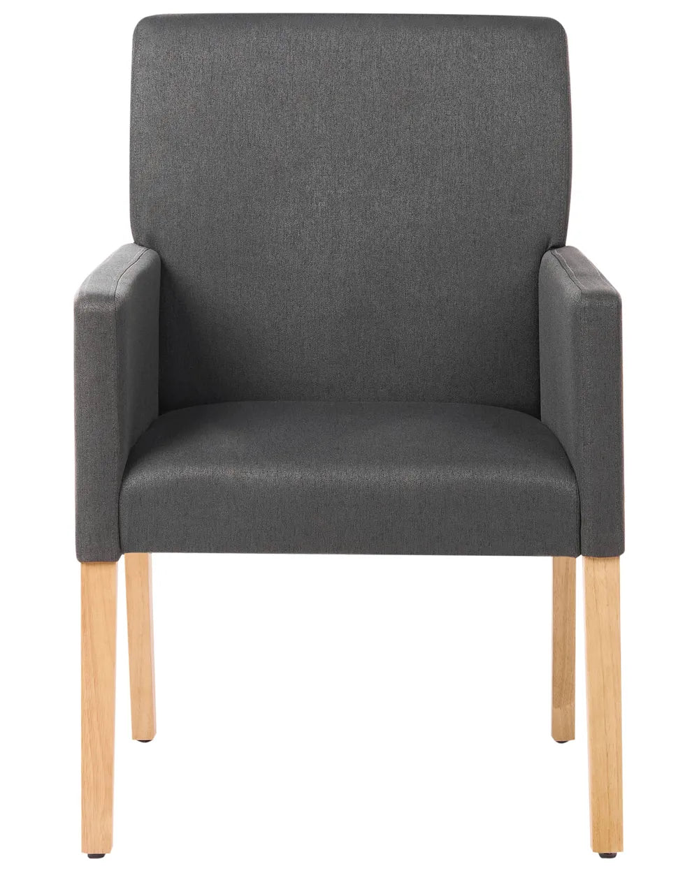 Grey upholstered dining chair with padded armrests, a high backrest, and natural wood legs for comfort and support.