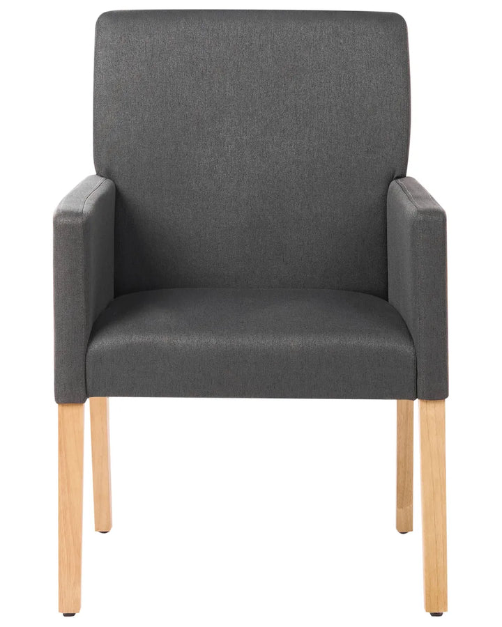 Grey upholstered dining chair with padded armrests, a high backrest, and natural wood legs for comfort and support.