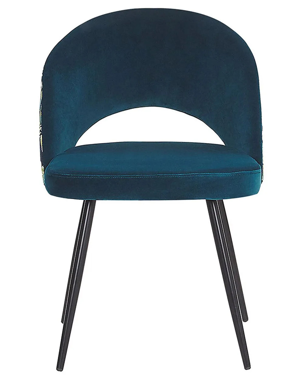 Teal velvet dining chair with black legs.