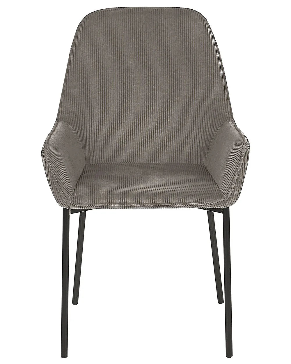 Corduroy dining chair with integrated armrests, a cushioned seat, and slim black metal legs, combining comfort with contemporary style.
