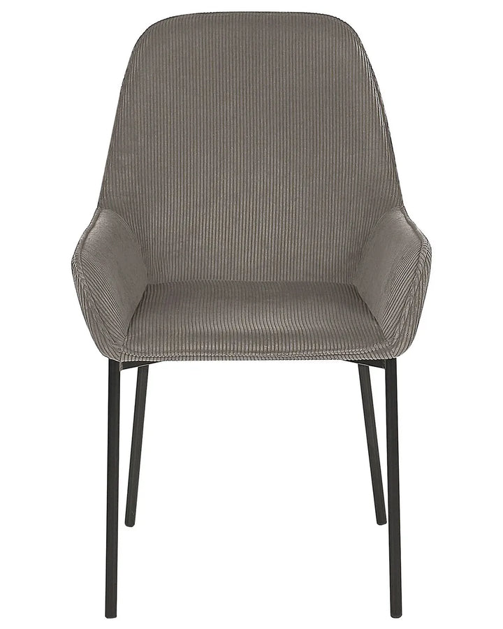 Corduroy dining chair with integrated armrests, a cushioned seat, and slim black metal legs, combining comfort with contemporary style.