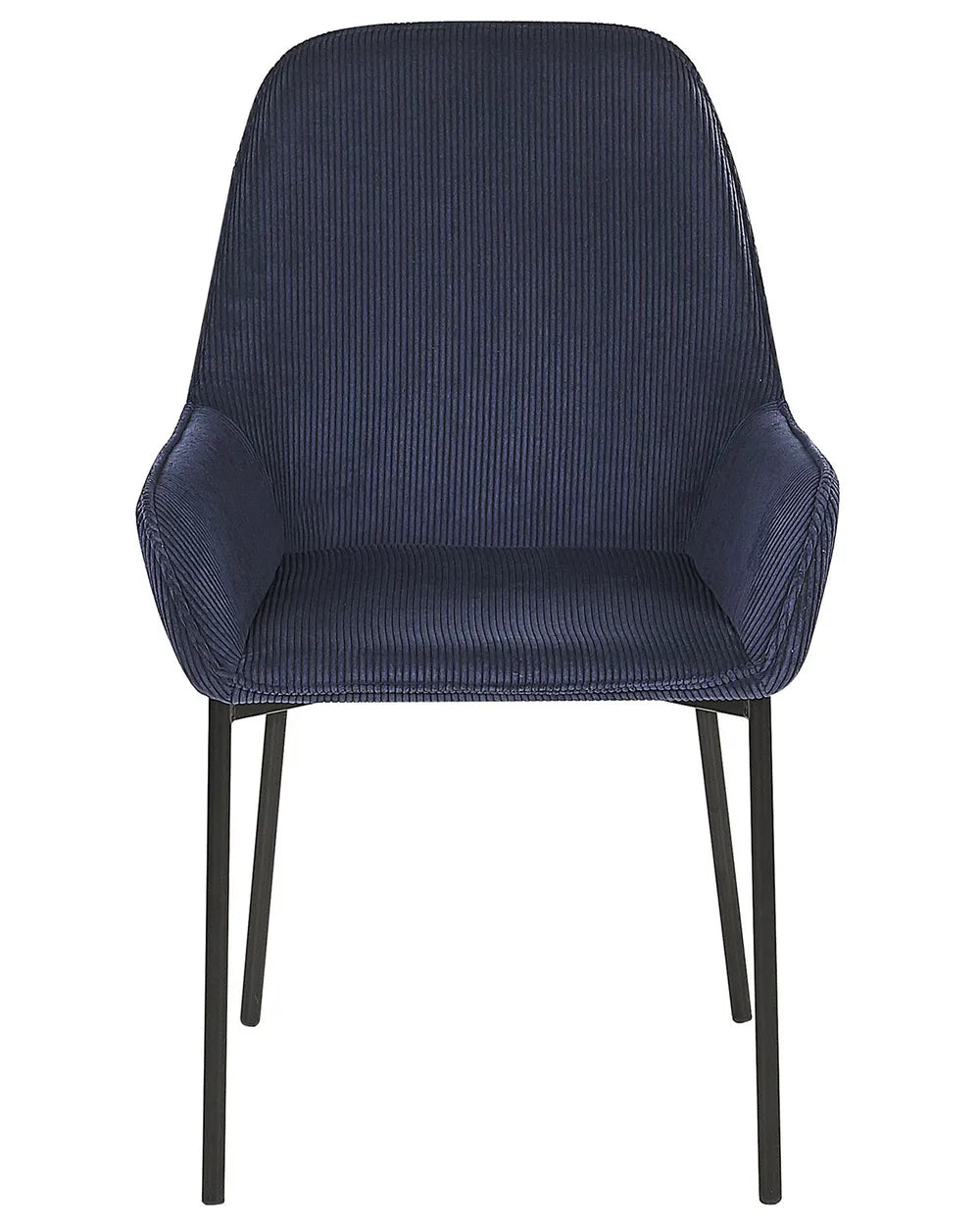 Upholstered dining chair featuring soft corduroy fabric, integrated armrests, and slim black metal legs for a modern, comfortable design.