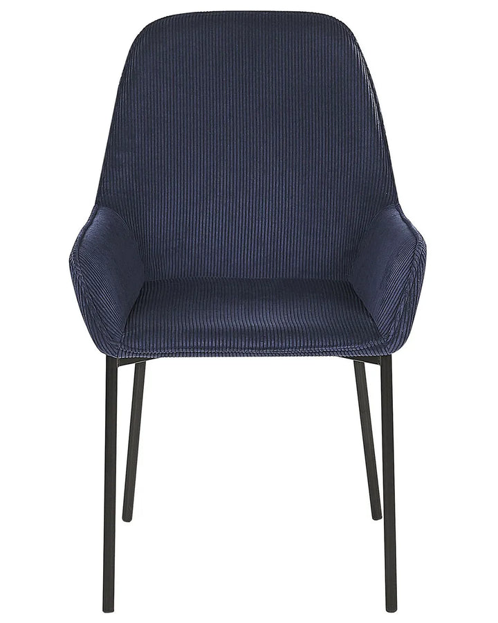 Upholstered dining chair featuring soft corduroy fabric, integrated armrests, and slim black metal legs for a modern, comfortable design.