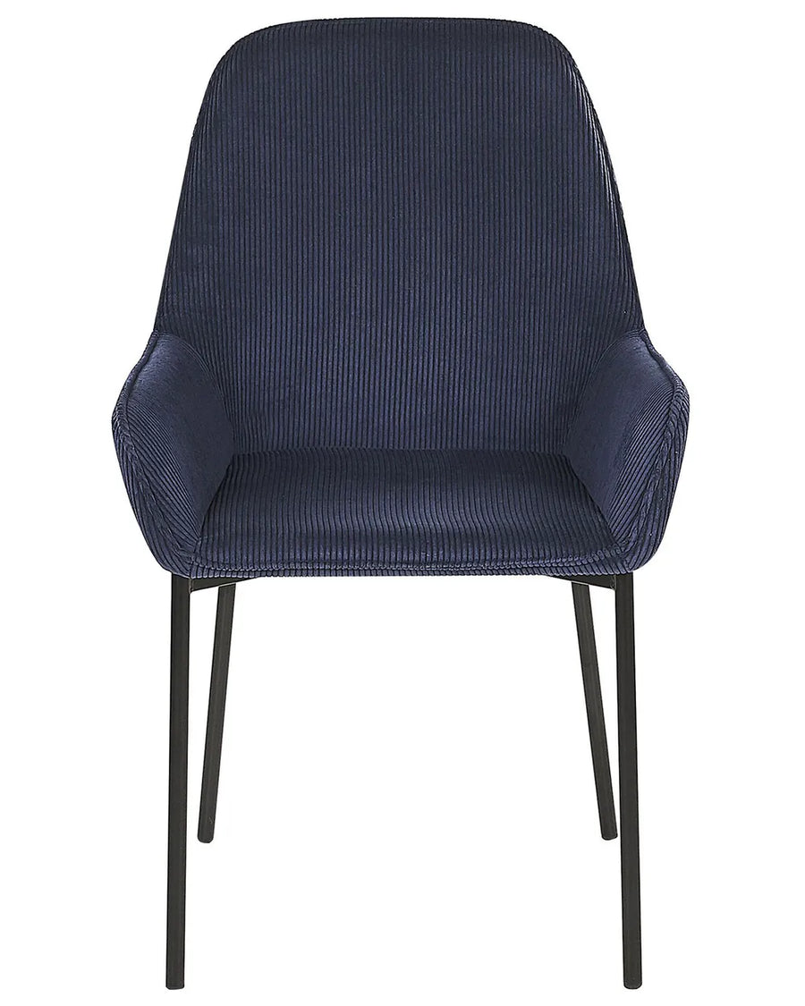 Upholstered dining chair featuring soft corduroy fabric, integrated armrests, and slim black metal legs for a modern, comfortable design.