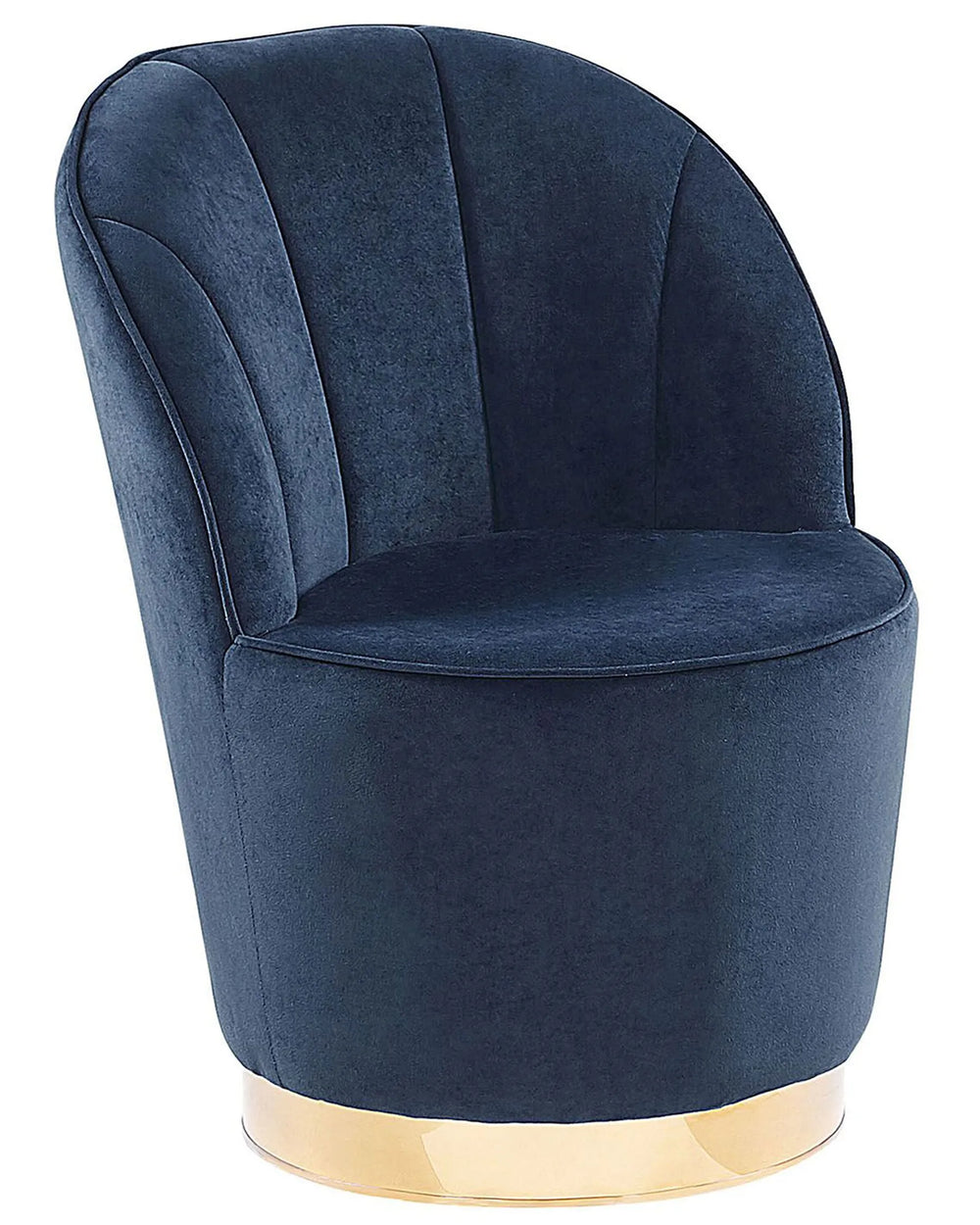 Blue velvet armchair with a gold base on a white background