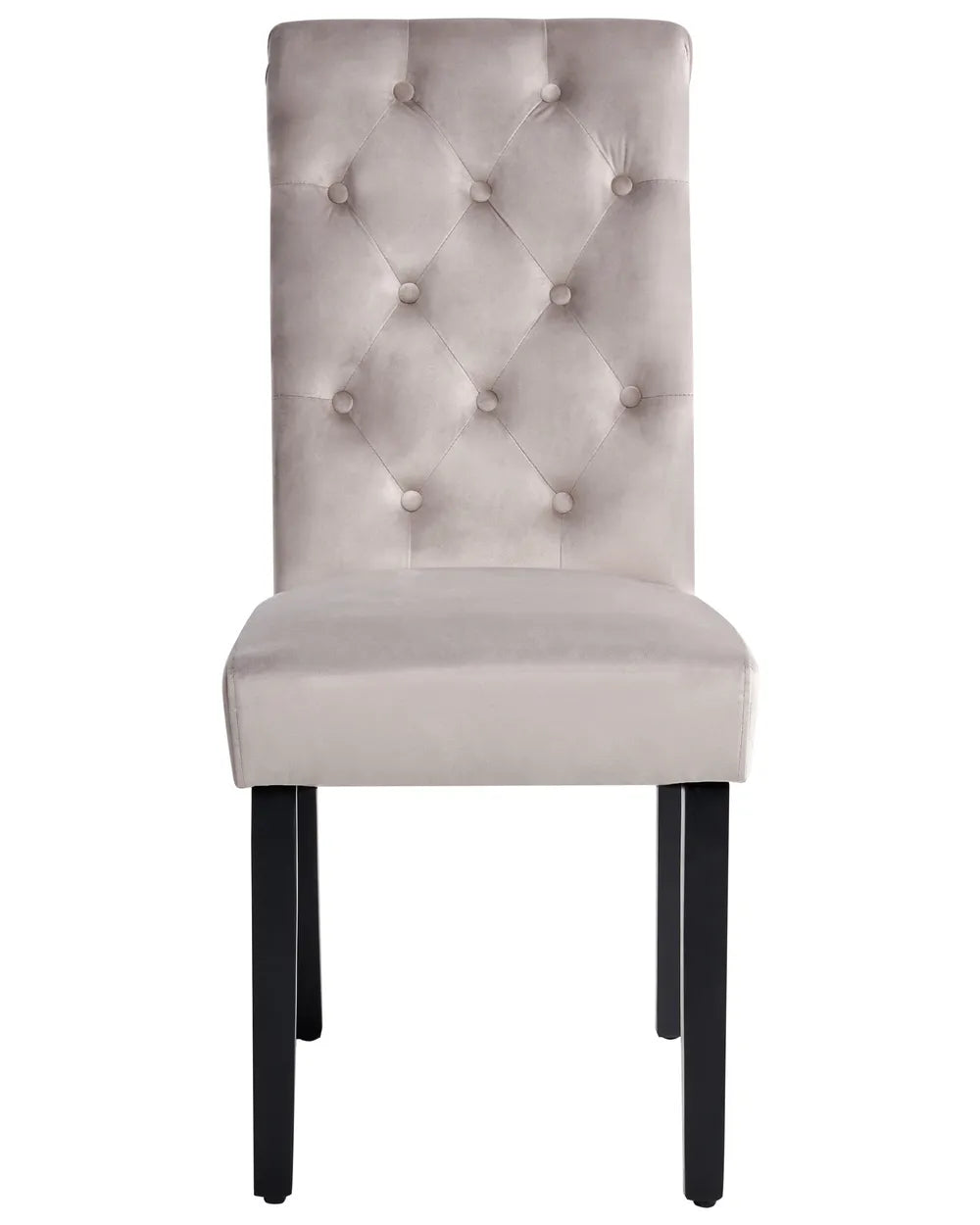 Light grey velvet dining chair with a button-tufted high back, plush padded seat, and sturdy black wooden legs.