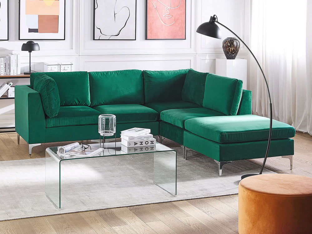 Evja Left Hand 4 Seater Modular Velvet Corner Sofa with Ottoman Green