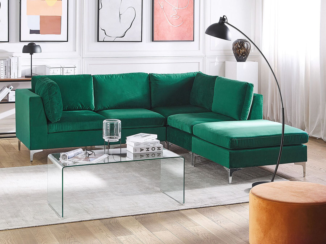 Evja Left Hand 4 Seater Modular Velvet Corner Sofa with Ottoman Green