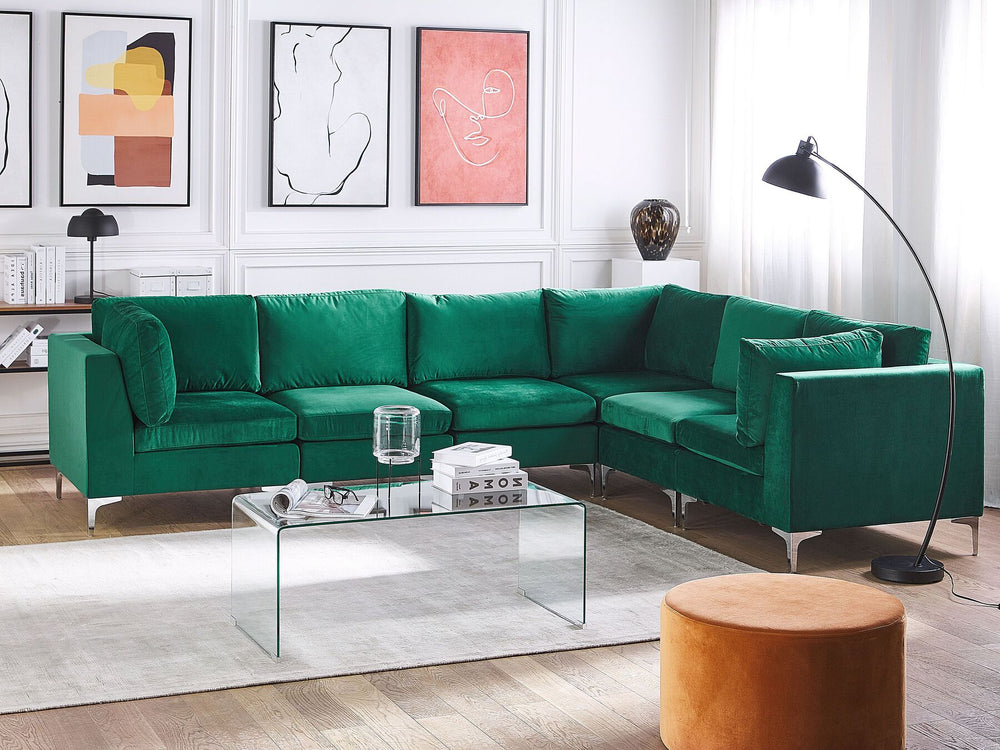 Evja Left Hand 6 Seater Modular Velvet Corner Sofa Green