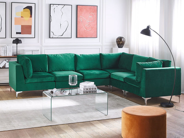 Evja Left Hand 6 Seater Modular Velvet Corner Sofa Green