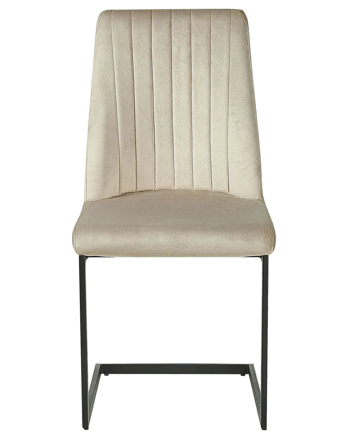 Modern cantilever dining chair upholstered in soft beige velvet, featuring vertical channel stitching and a sleek black metal sled base.